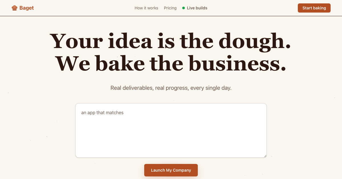 baget.ai - describe a business in one sentence, get a full team that launch, builds and ships it wit logo